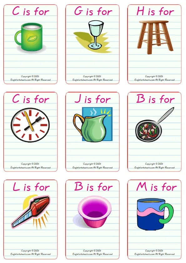 Wordless Kitchen vocabulary worksheet with nine images per page