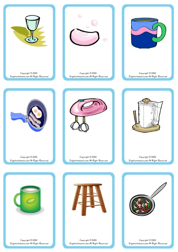 Wordless Kitchen vocabulary worksheet with nine images per page