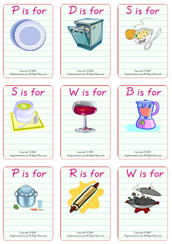 Wordless Kitchen vocabulary worksheet with nine images per page