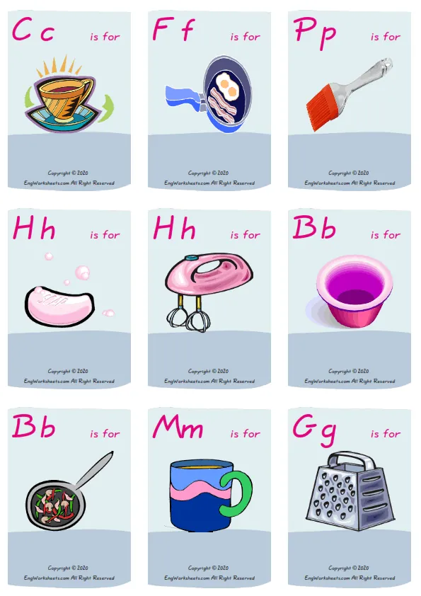 Wordless Kitchen vocabulary worksheet with nine images per page