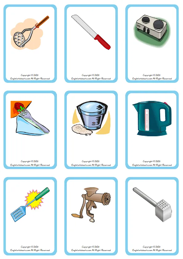 Wordless Kitchen vocabulary worksheet with nine images per page