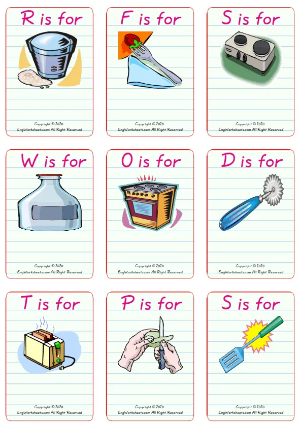 Wordless Kitchen vocabulary worksheet with nine images per page