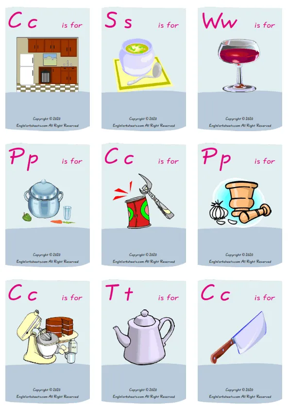Wordless Kitchen vocabulary worksheet with nine images per page