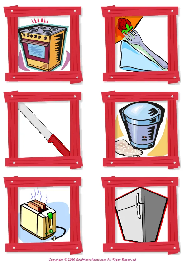 Wordless Kitchen vocabulary worksheet with six images per page
