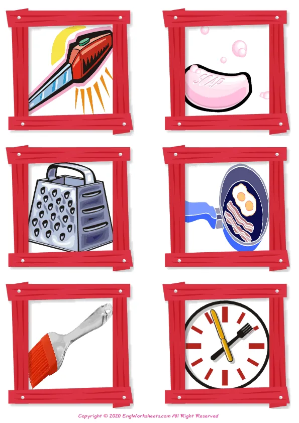 Wordless Kitchen vocabulary worksheet with six images per page