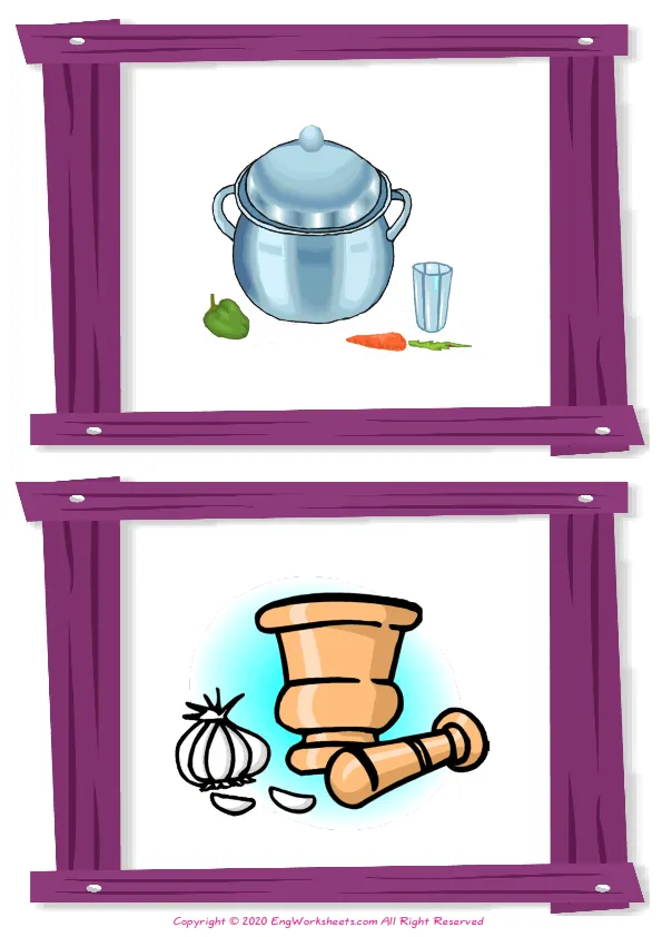 Wordless Kitchen vocabulary worksheet with two images per page