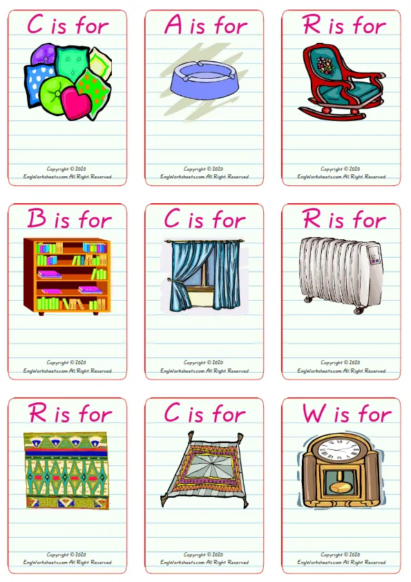 Wordless Living Room vocabulary worksheet with nine images per page