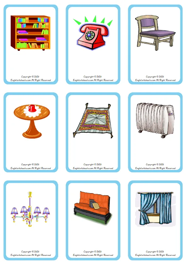Wordless Living Room vocabulary worksheet with nine images per page