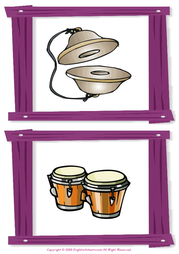 Wordless Musical Instruments vocabulary worksheet with two images per page
