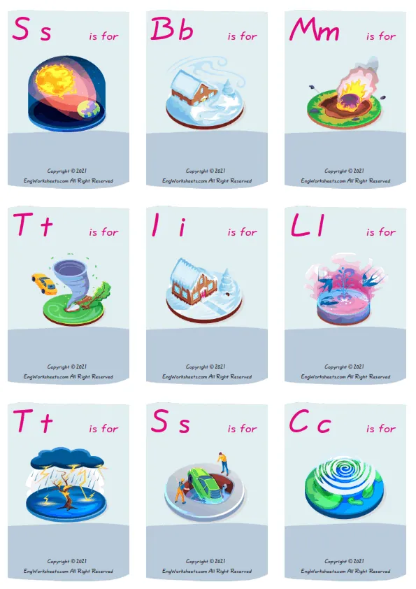 Natural Disasters vocabulary worksheet with words, nine images per page