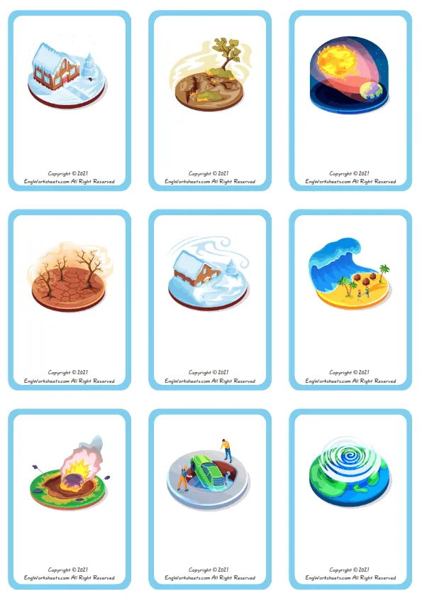 Wordless Natural Disasters vocabulary worksheet with nine images per page