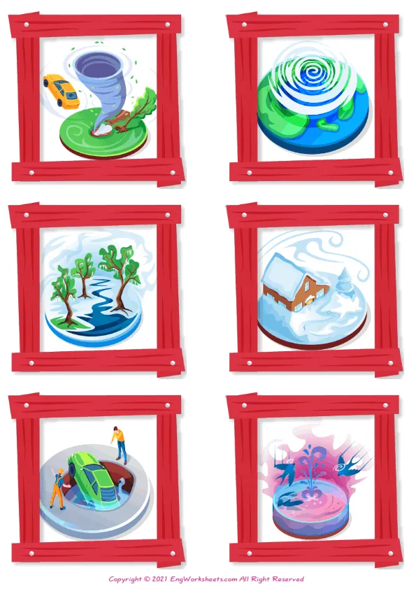 Natural Disasters vocabulary worksheet with words, four images per page