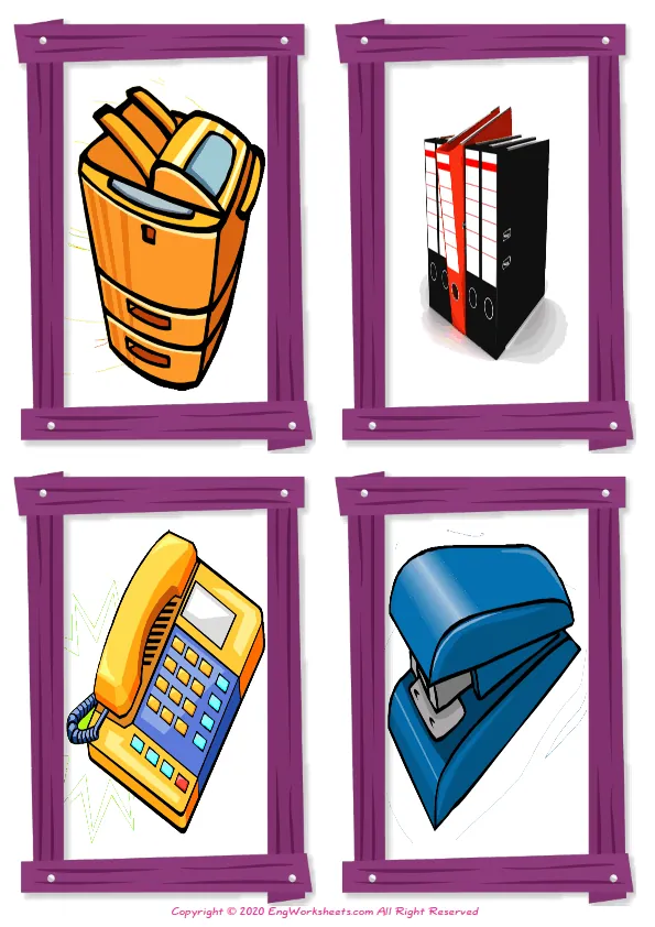 Wordless Office vocabulary worksheet with four images per page