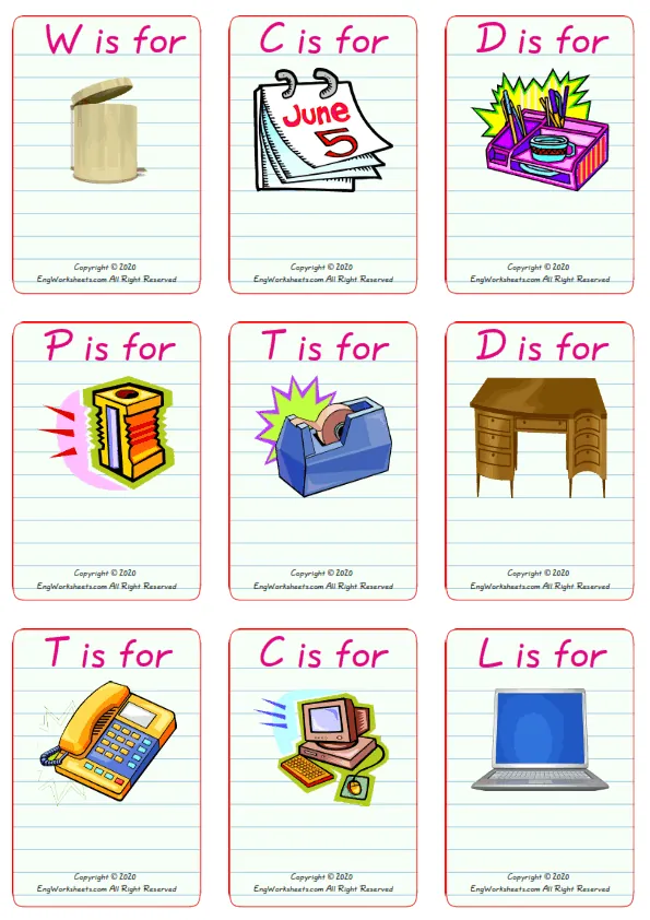 Wordless Office vocabulary worksheet with nine images per page