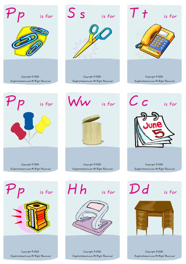 Wordless Office vocabulary worksheet with nine images per page