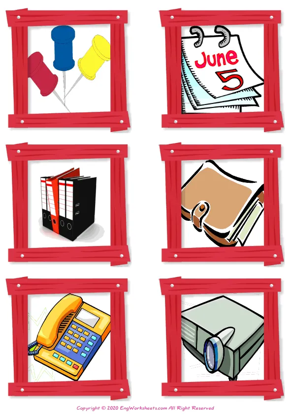 Wordless Office vocabulary worksheet with six images per page