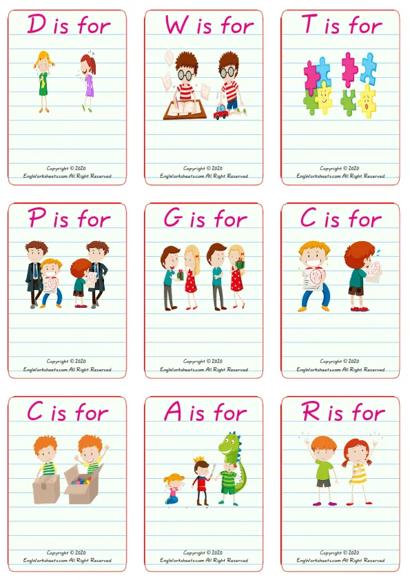 Wordless Opposites vocabulary worksheet with nine images per page