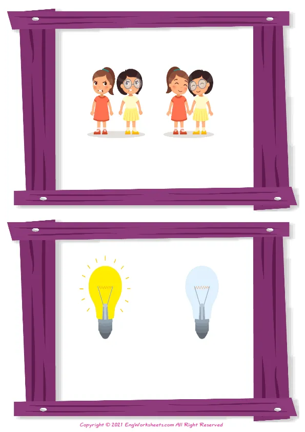 Wordless Opposites vocabulary worksheet with two images per page