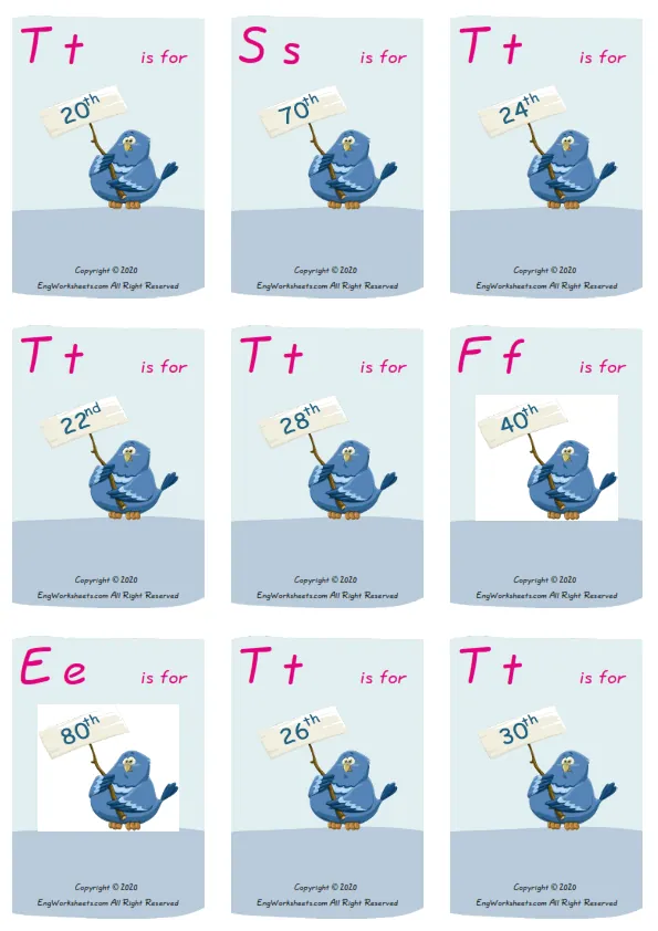 Wordless Ordinal Numbers vocabulary worksheet with nine images per page