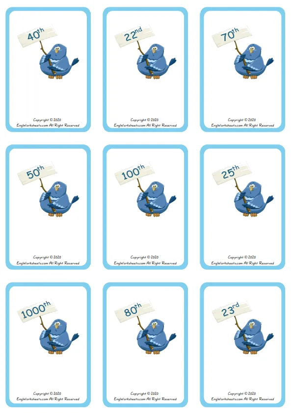 Wordless Ordinal Numbers vocabulary worksheet with nine images per page