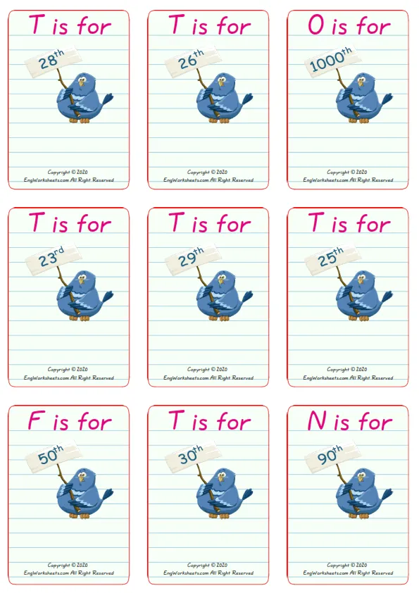 Wordless Ordinal Numbers vocabulary worksheet with nine images per page