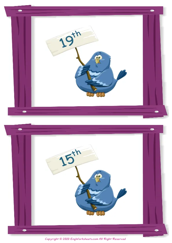 Wordless Ordinal Numbers vocabulary worksheet with two images per page
