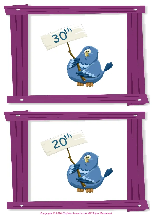Wordless Ordinal Numbers vocabulary worksheet with two images per page