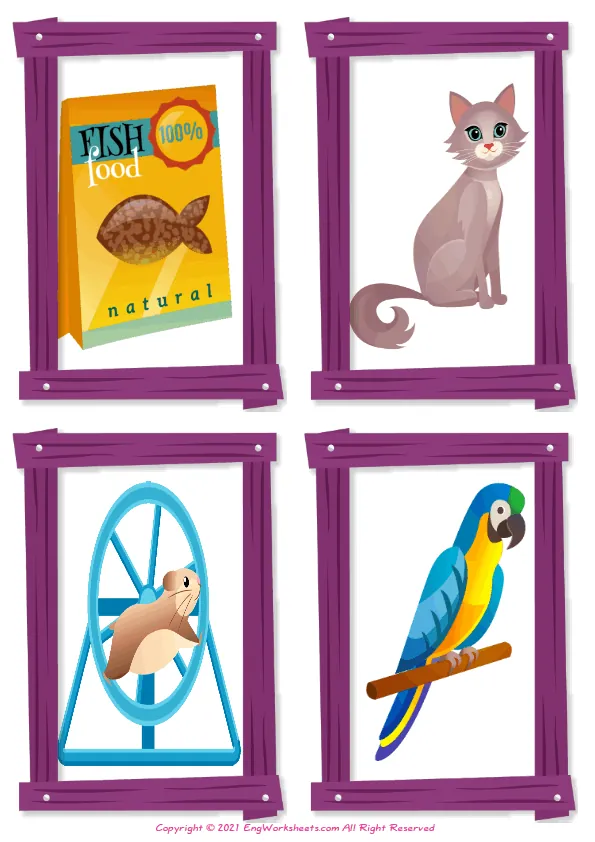 Wordless Pet Shop vocabulary worksheet with four images per page