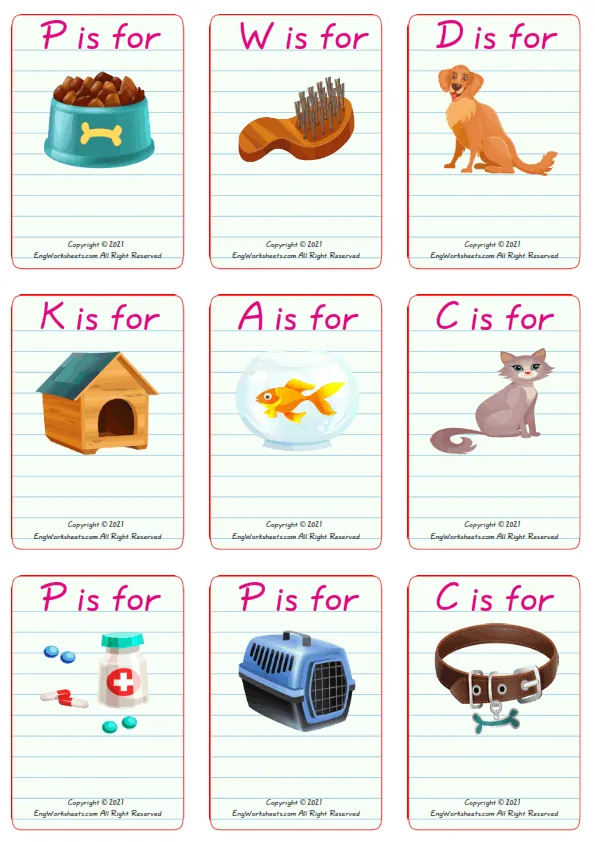 Wordless Pet Shop vocabulary worksheet with nine images per page