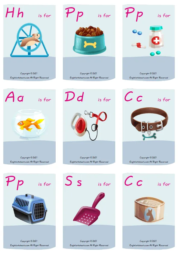 Wordless Pet Shop vocabulary worksheet with nine images per page