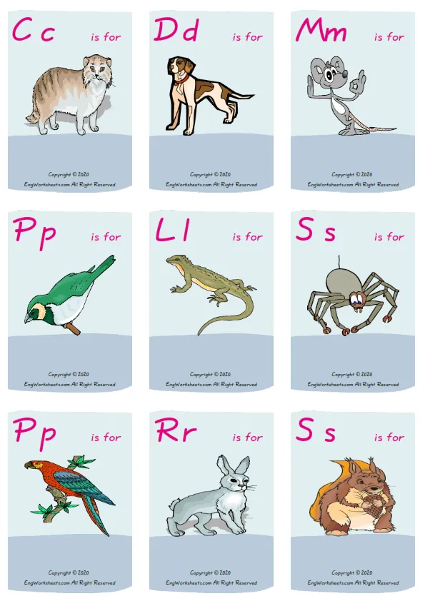 Wordless Pets vocabulary worksheet with nine images per page