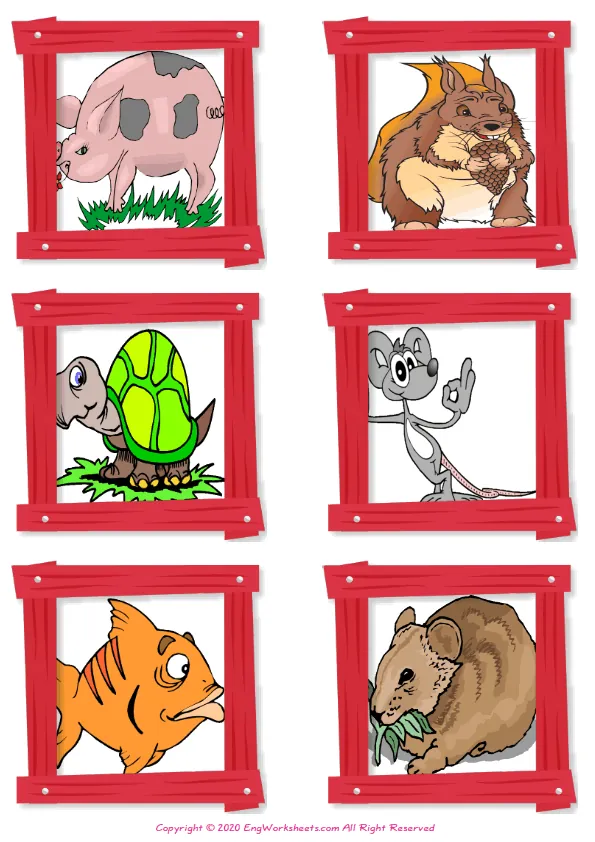 Wordless Pets vocabulary worksheet with six images per page
