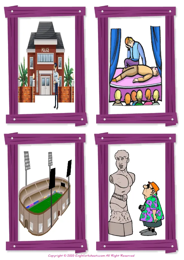 Wordless Places In A City vocabulary worksheet with four images per page