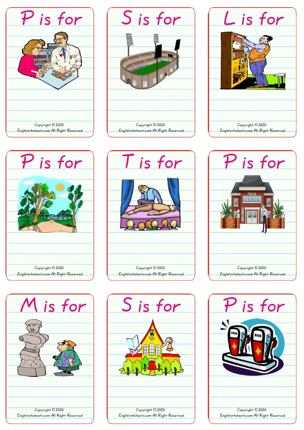 Wordless Places In A City vocabulary worksheet with nine images per page
