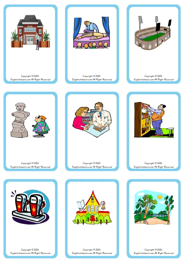 Wordless Places In A City vocabulary worksheet with nine images per page