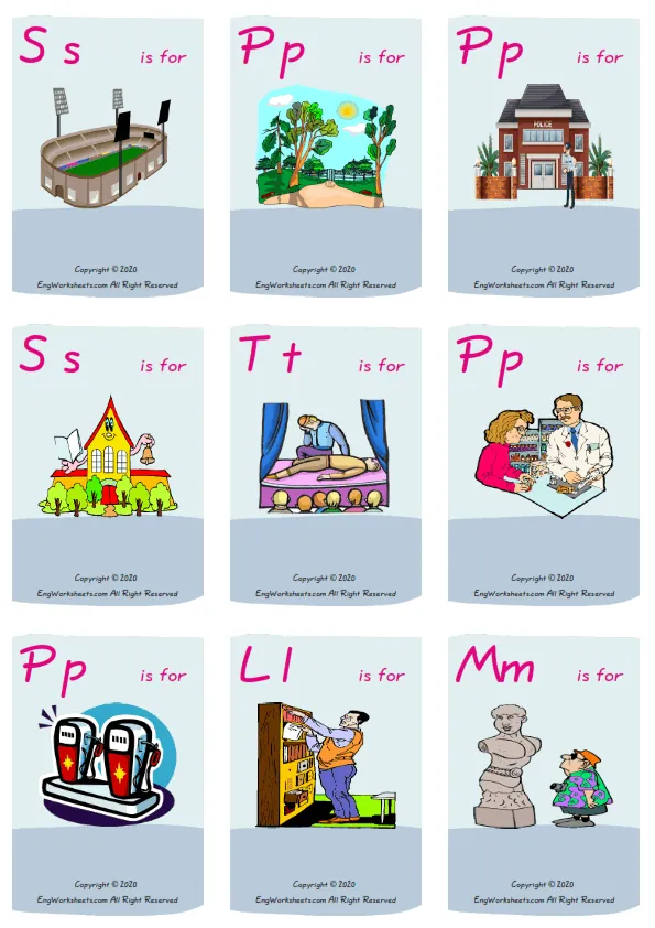Wordless Places In A City vocabulary worksheet with nine images per page