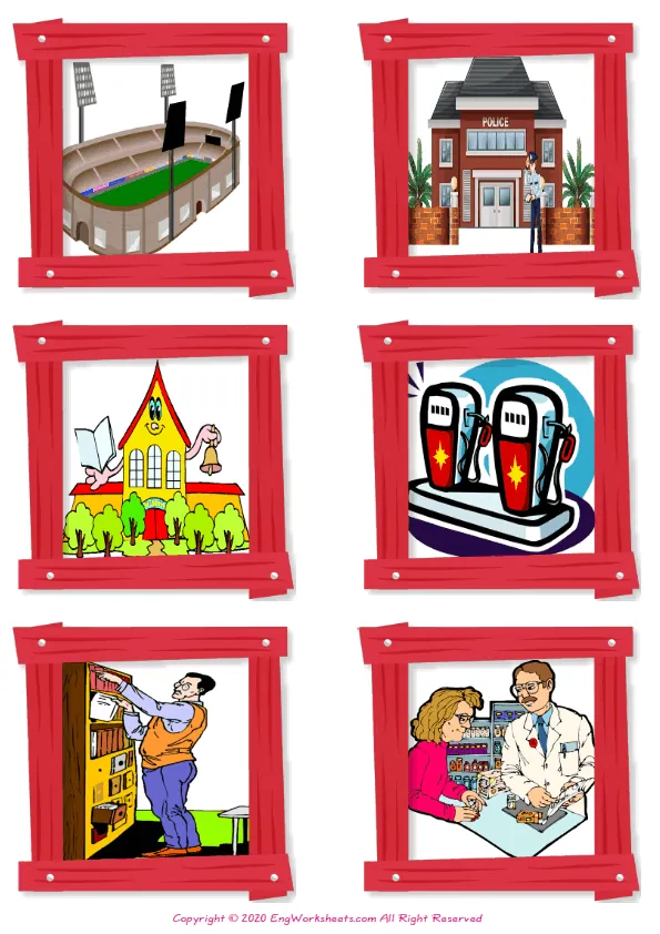 Wordless Places In A City vocabulary worksheet with six images per page