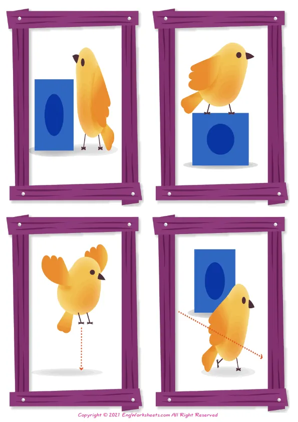 Wordless Prepositions vocabulary worksheet with four images per page