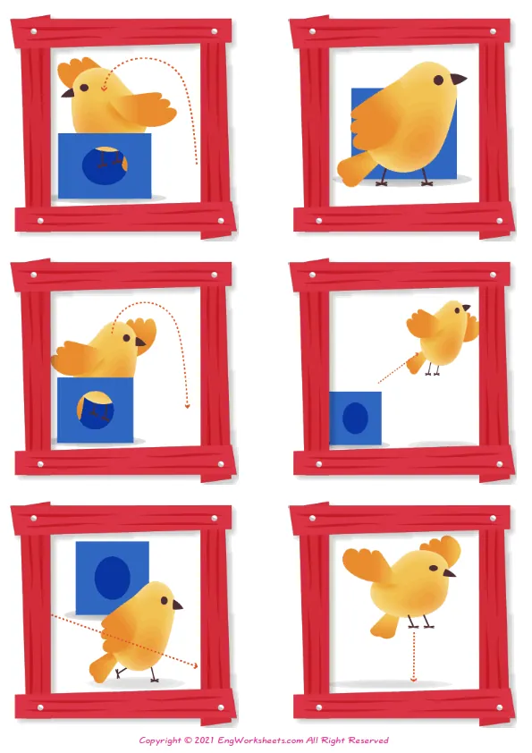 Wordless Prepositions vocabulary worksheet with six images per page