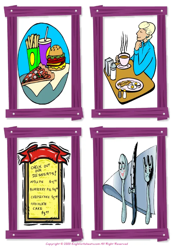 Wordless Restaurant vocabulary worksheet with four images per page
