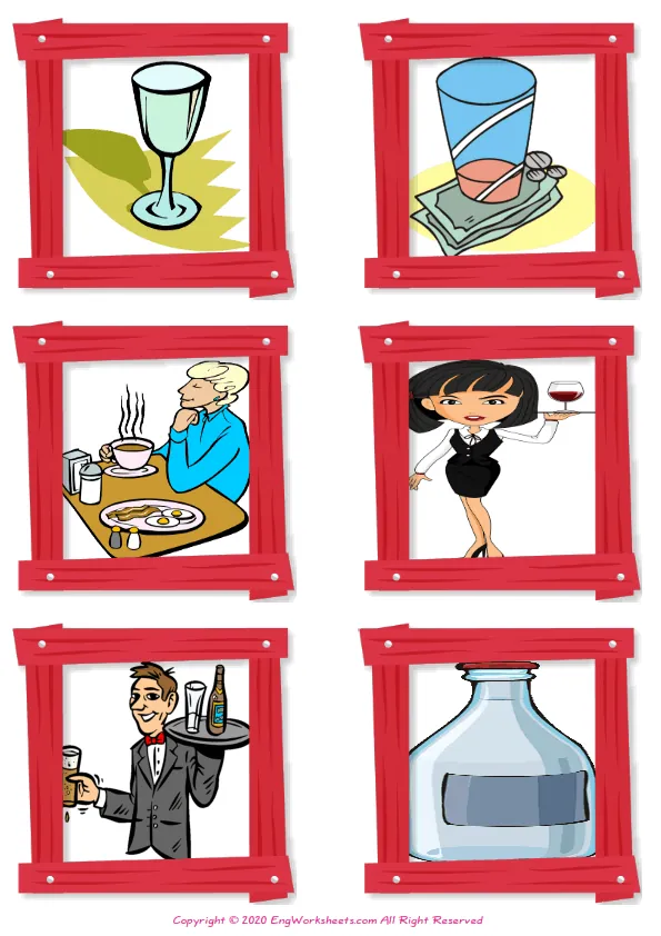Wordless Restaurant vocabulary worksheet with six images per page