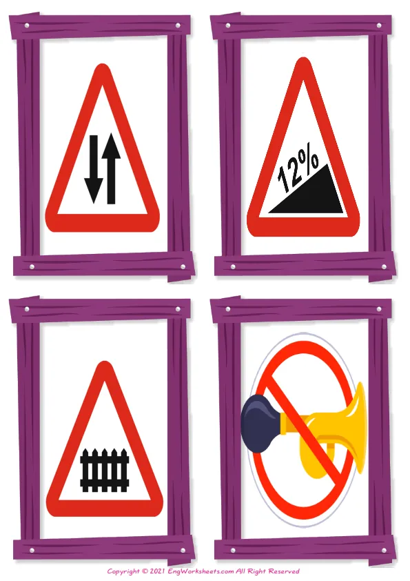 Wordless Road Signs vocabulary worksheet with four images per page