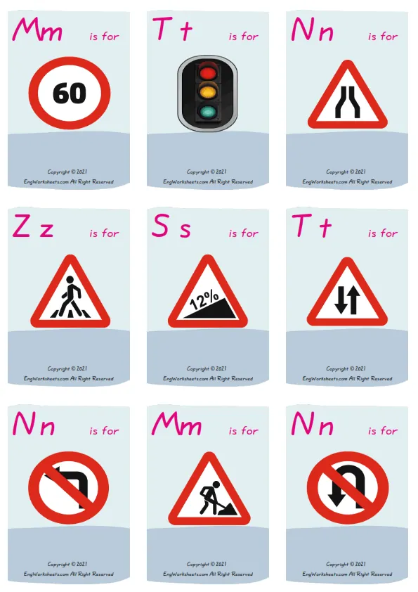 Wordless Road Signs vocabulary worksheet with nine images per page