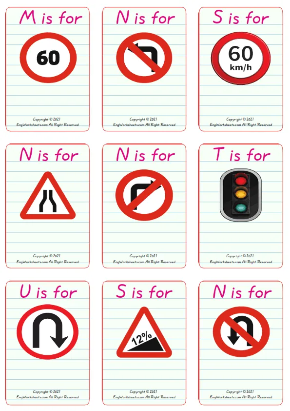 Wordless Road Signs vocabulary worksheet with nine images per page