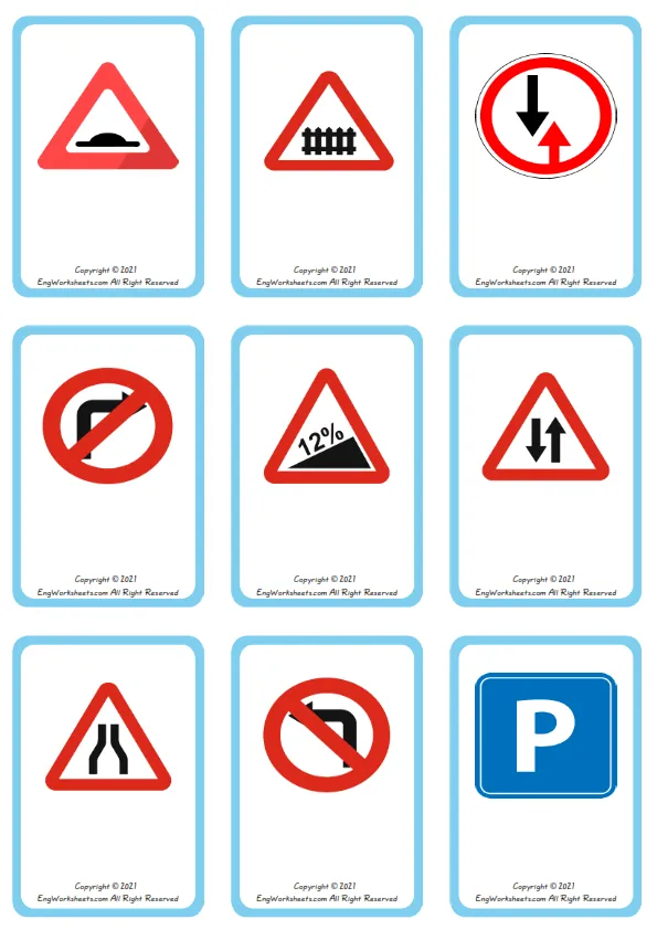 Wordless Road Signs vocabulary worksheet with nine images per page