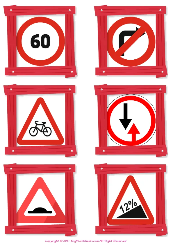 Wordless Road Signs vocabulary worksheet with six images per page