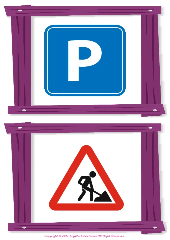 Wordless Road Signs vocabulary worksheet with two images per page