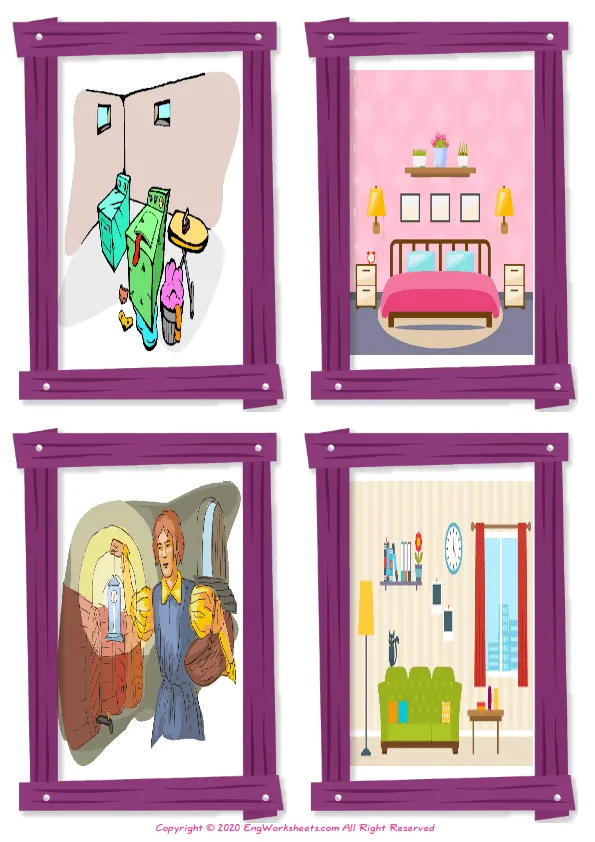 Wordless Rooms In The House vocabulary worksheet with four images per page