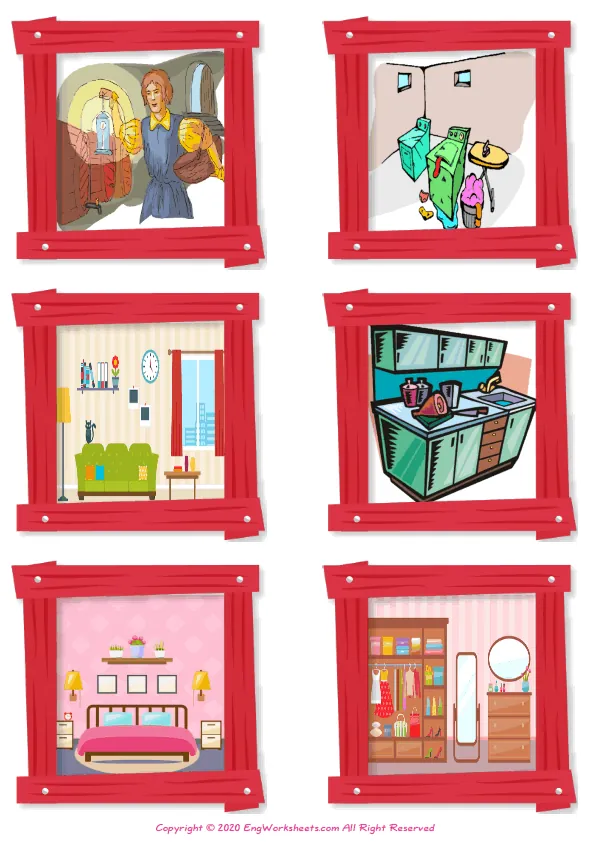 Wordless Rooms In The House vocabulary worksheet with six images per page