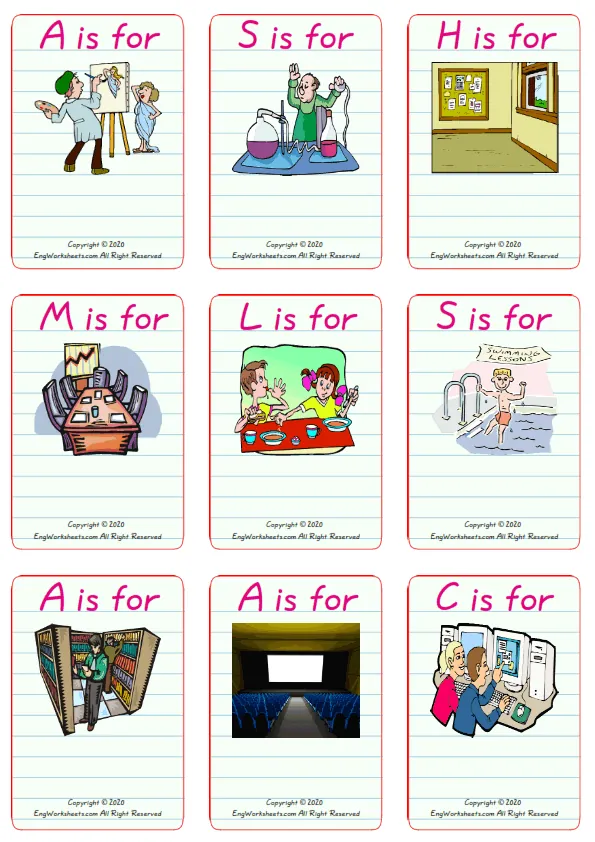 Wordless School Parts vocabulary worksheet with nine images per page